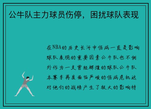 公牛队主力球员伤停，困扰球队表现