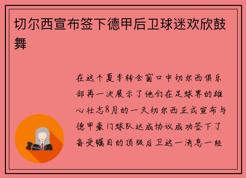 切尔西宣布签下德甲后卫球迷欢欣鼓舞